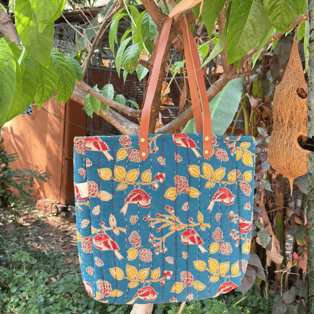 Teal Blue Tapti Hand Quilted Large Tote Bag - back