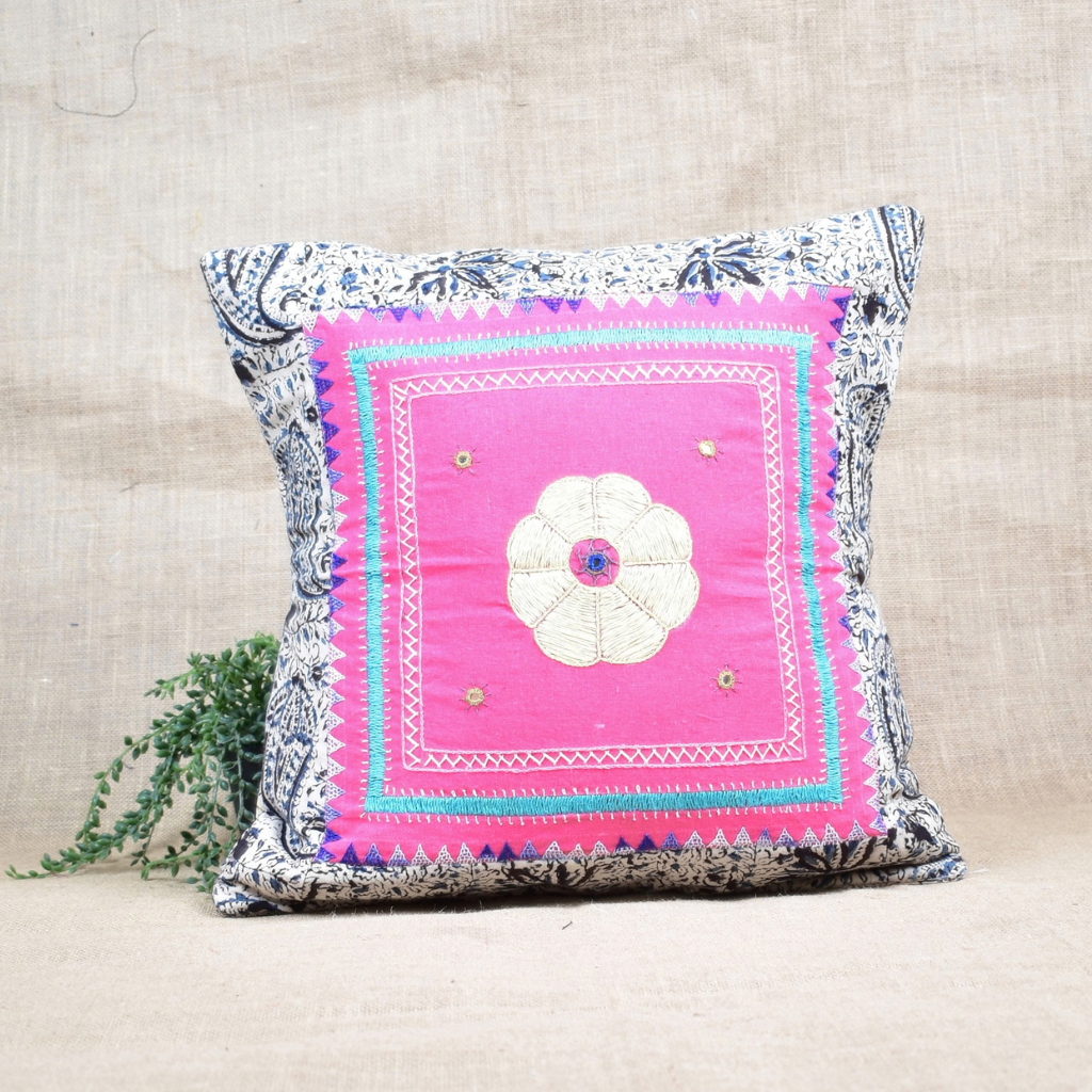 Pink Embroidered with  Black kalamkari Cushion Cover