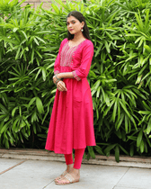 Pink Festive Embroidered Silk Kurta - sleeves