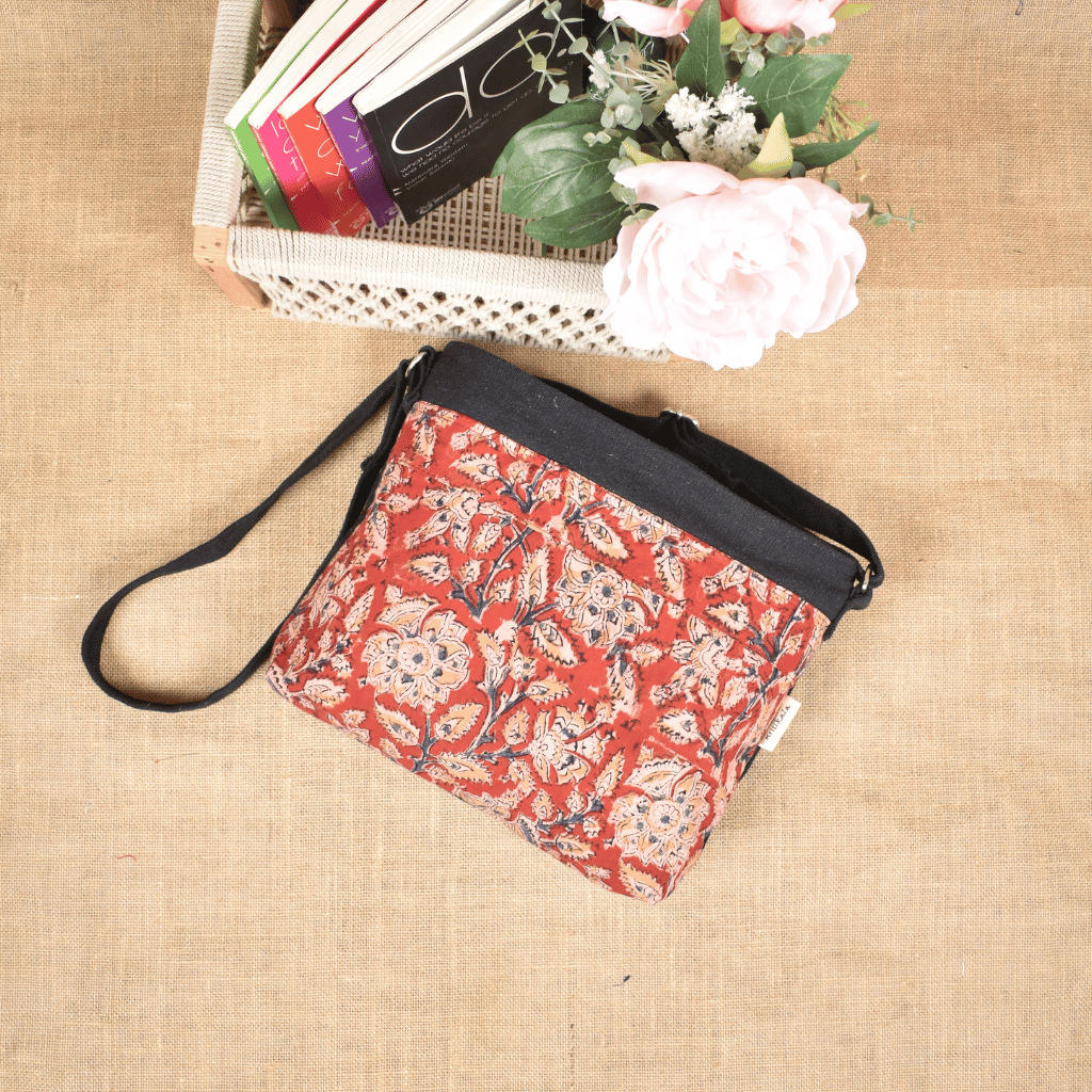 Canvas Purse With Red Kalamkari Fabric - sling