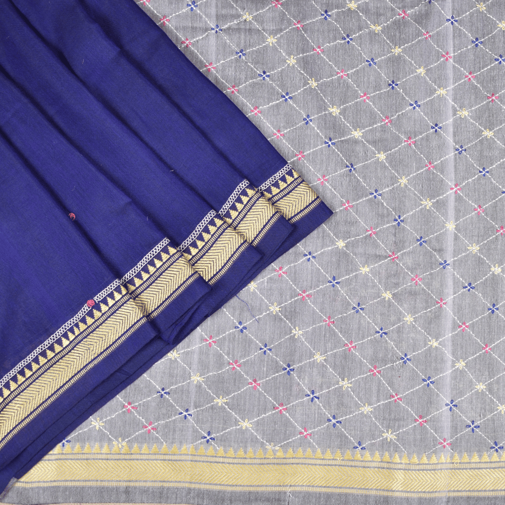 Blue embroidery handloom saree - embroidery