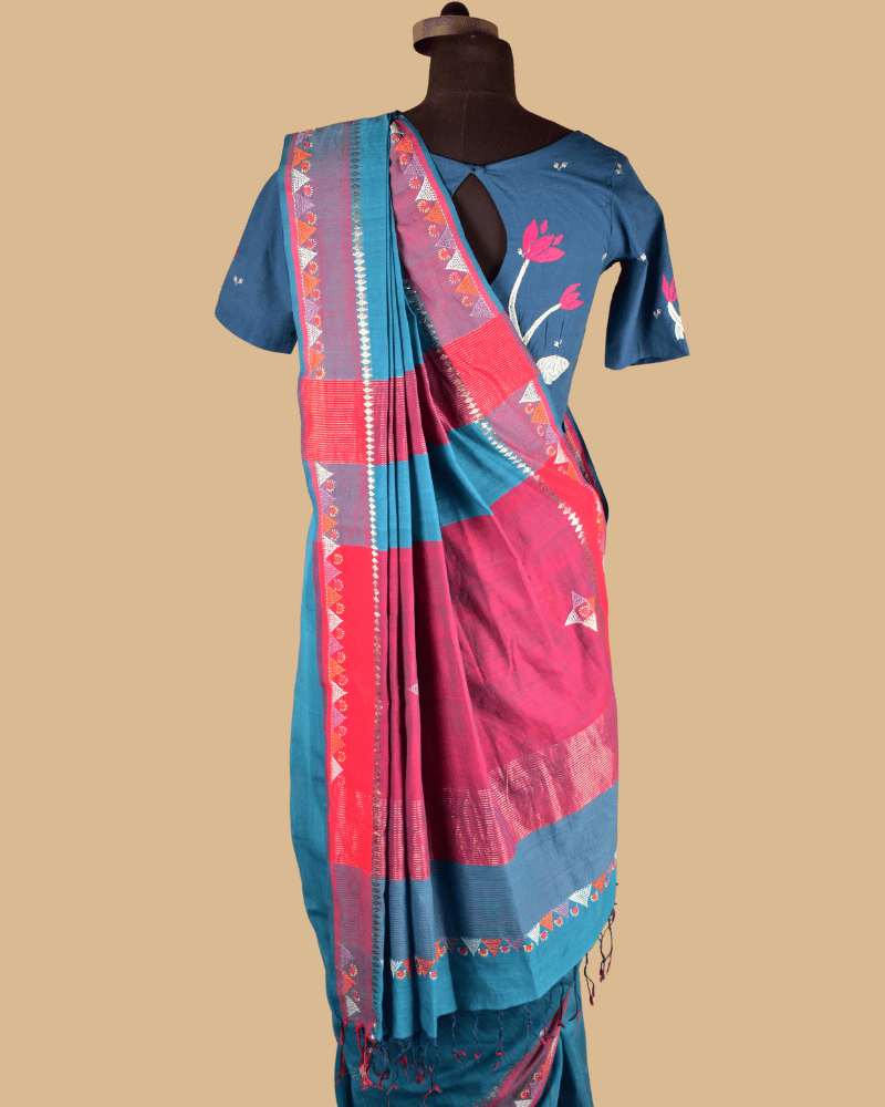 Sky Blue Cotton Saree with Hand Embroidery