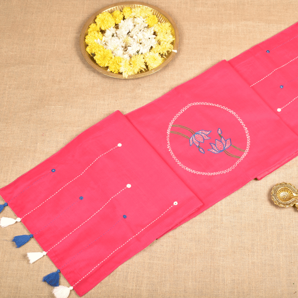 Pink Silk lotus embroidery festive table runner - tassels
