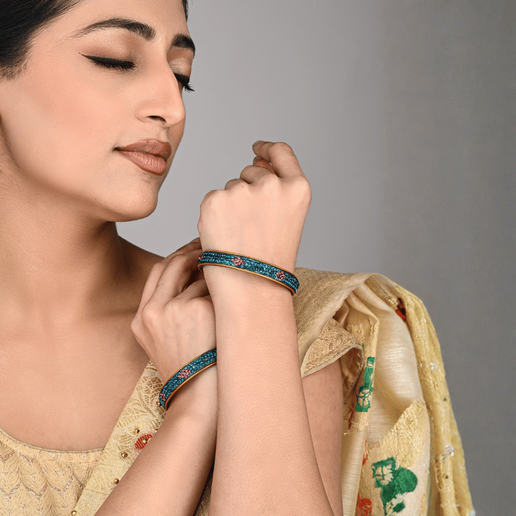 Pair of lac bangles in blue and pink stones - Women