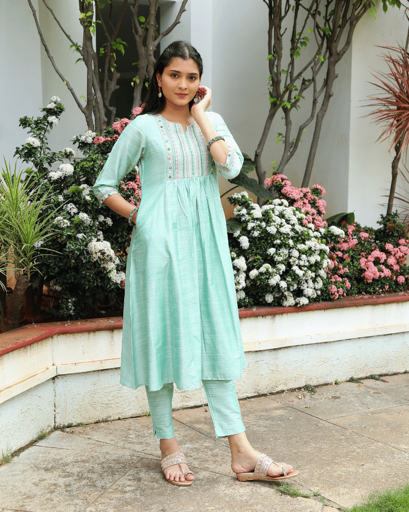 Mint Green Festive Silk Kurta with Frill Embroidery - mirror work