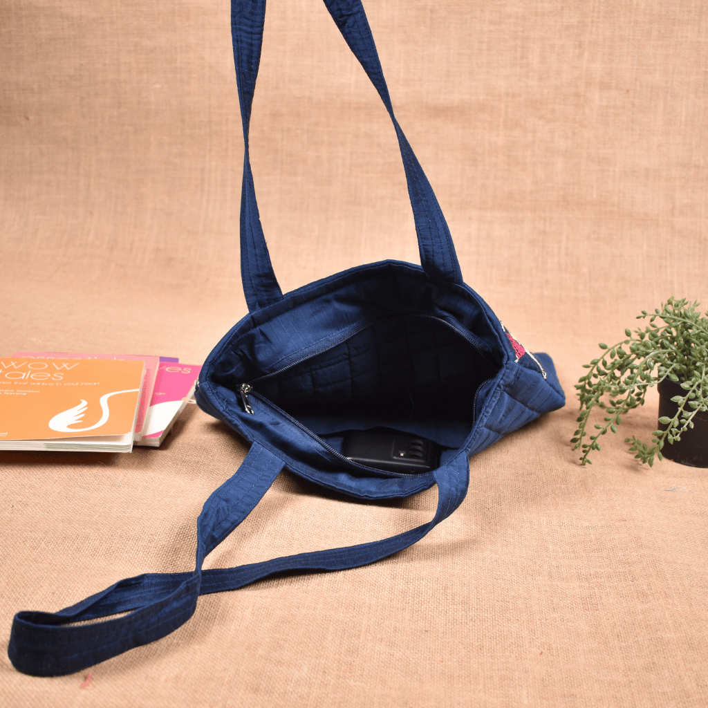 Navy Blue silk embroidered tote bag - inside