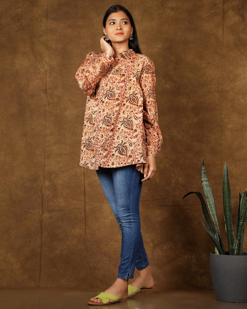 Stylish Women’s Rust Kalamkari Cotton Shirt - full