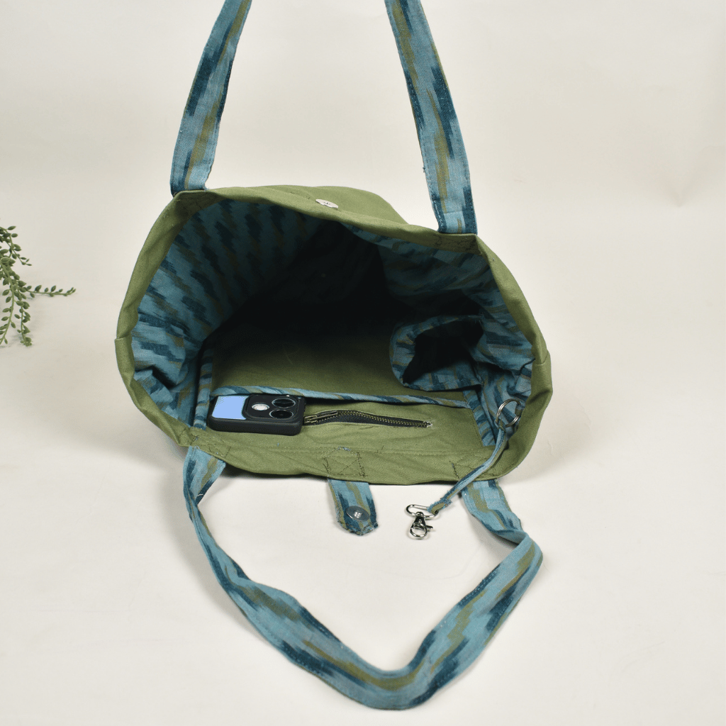 Green Canvas Bag with Green Ikat Handle - inside