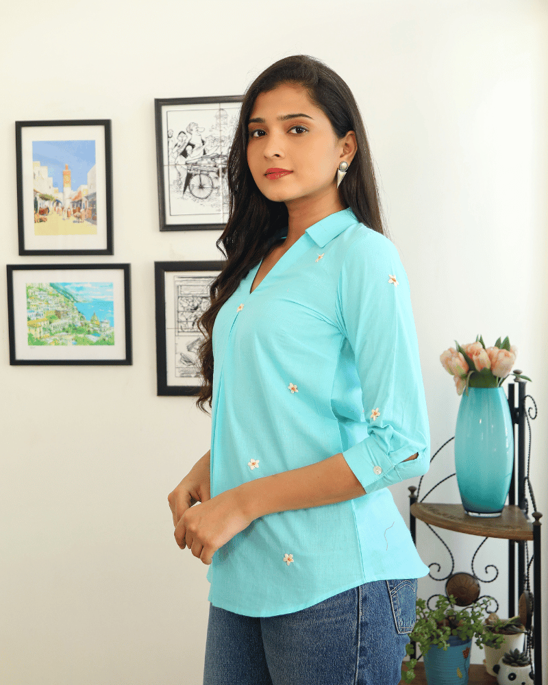 Embroidered short top in Blue cotton