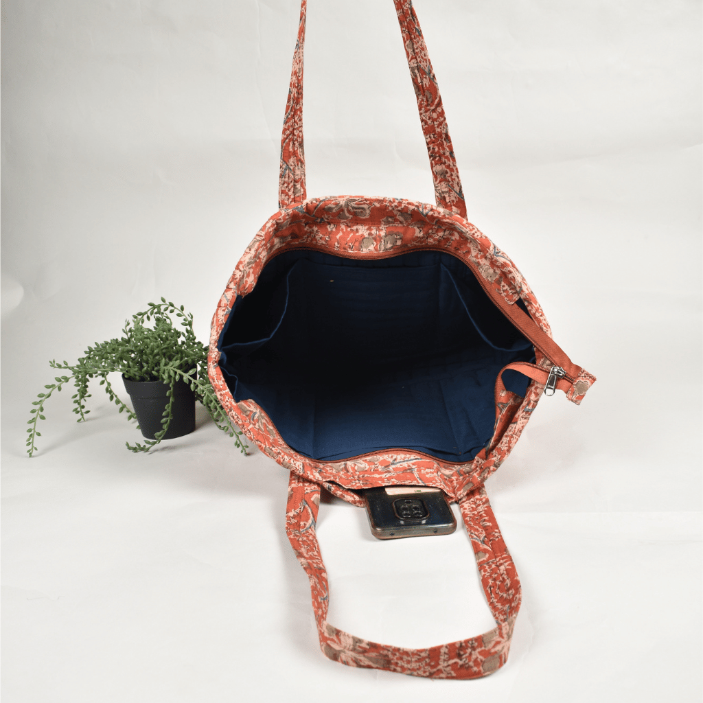 Rust kalamkari large tote bag - inside