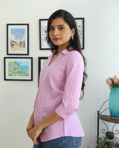 Embroidered short top in purple cotton - side