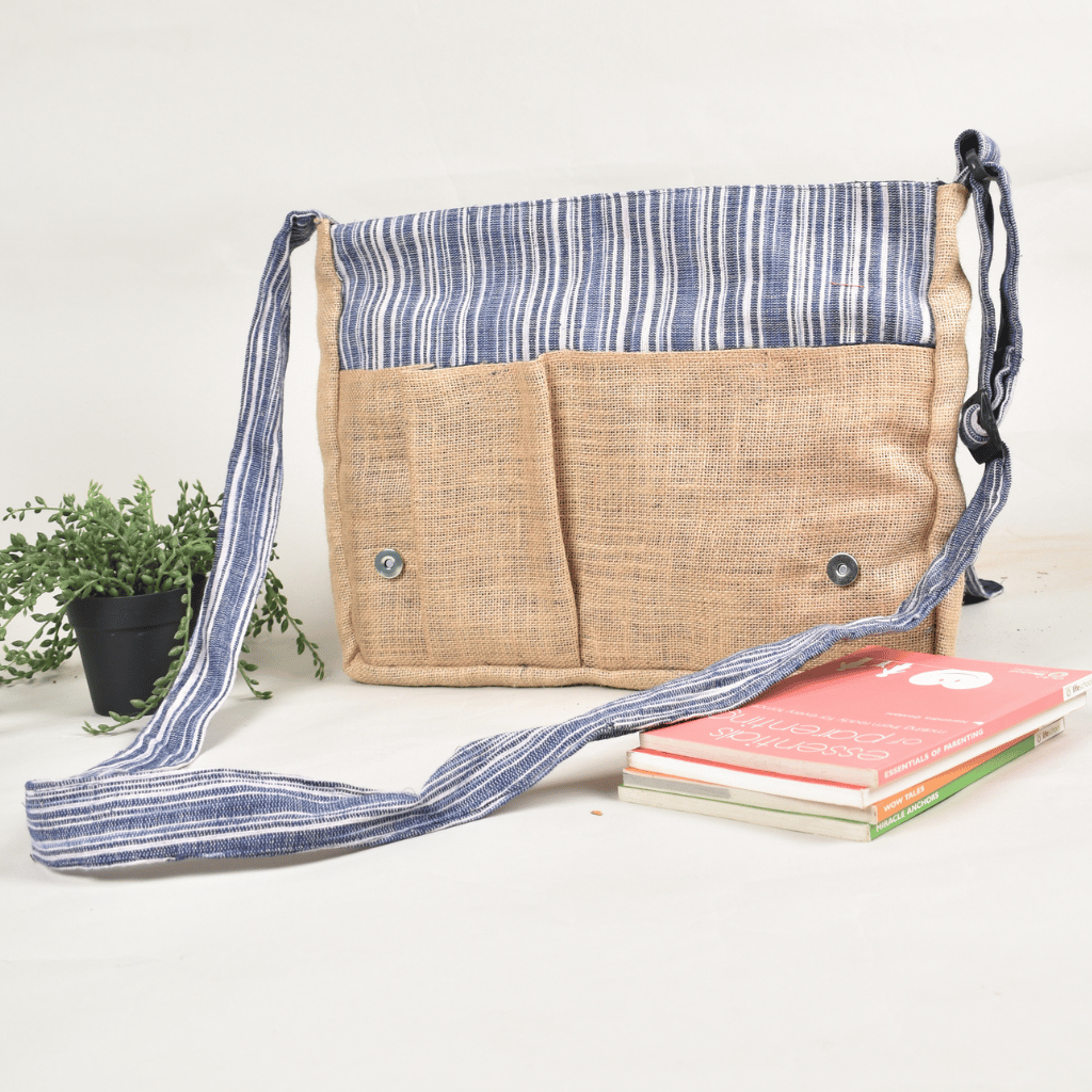 Cross body blue ikat laptop bag - pockets