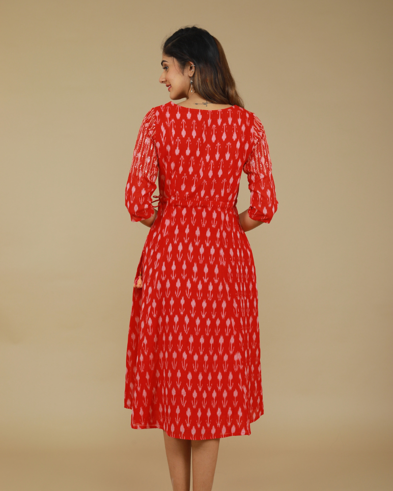 Red leaf ikat dress back view