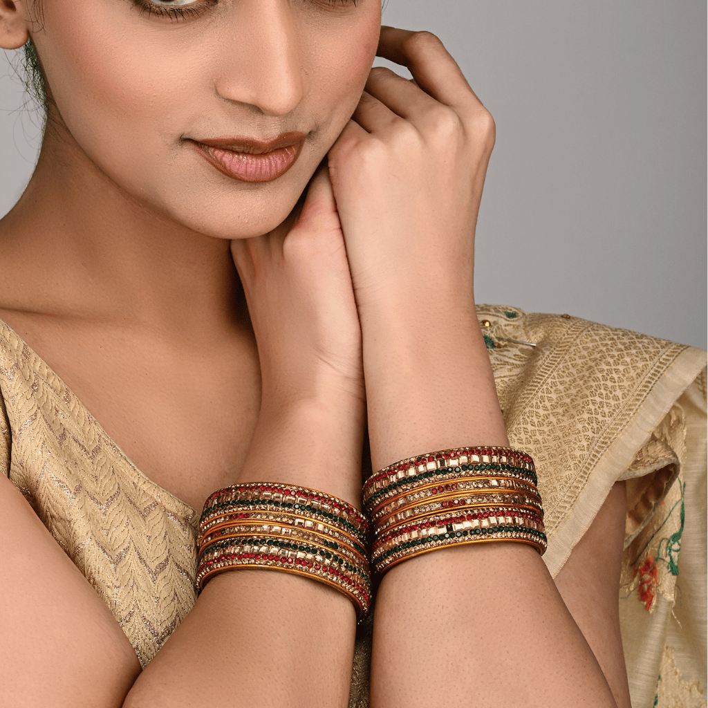 Set of Eight Bangles in Green & Red tones - Hyderabadi