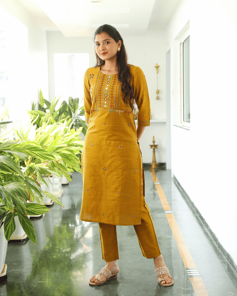 Mustard Yellow Silk Yoke Embroidery Kurta - side