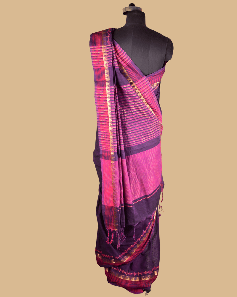 Purple Cotton Saree with Hand Embroidery