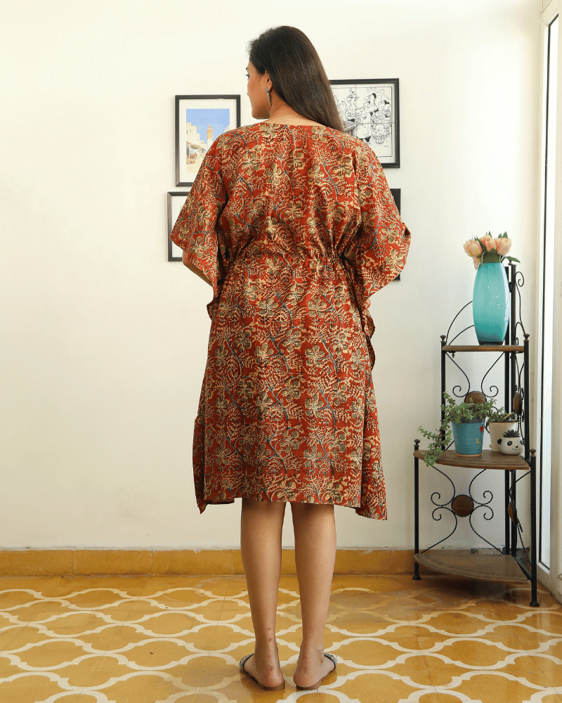 Short kaftan in rust kalamkari cotton - back