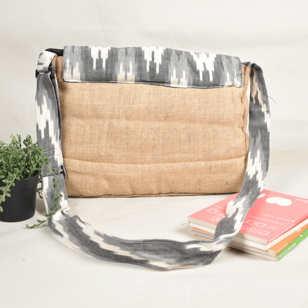 Cross body grey ikat laptop bag - back