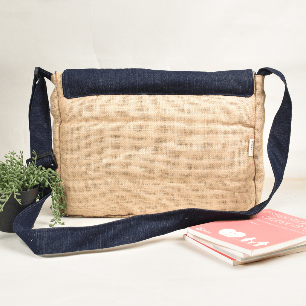 Cross body blue denim laptop bag - back