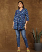 Embroidery indigo blue ikat tunic - v neck