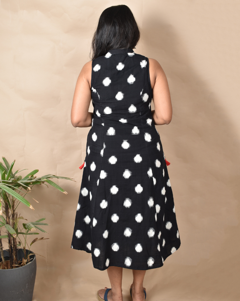 A LINE BLACK DOUBLE IKAT DRESS WITH EMBROIDERED POCKETS