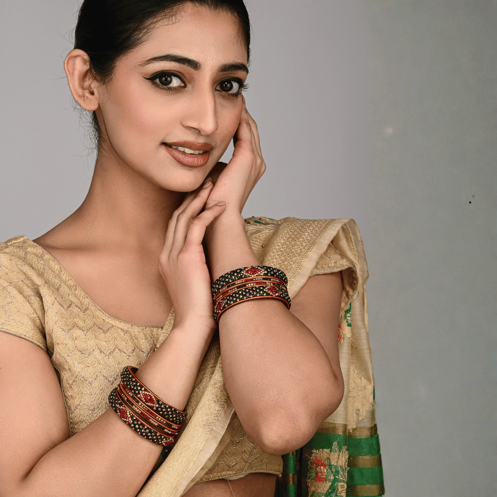 Set of eight bangles in green & maroon tones