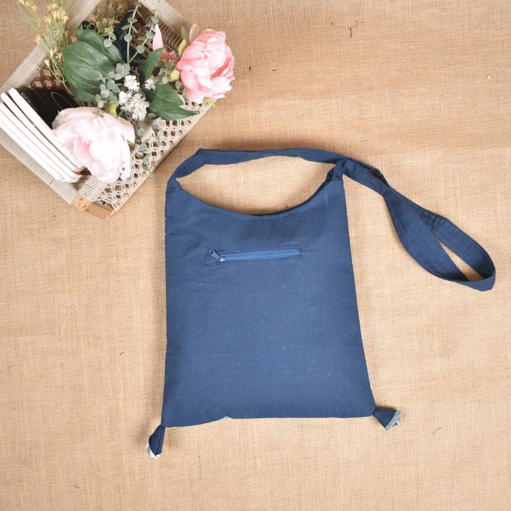 Blue and White Ikat sling bag with hand embroidery - back