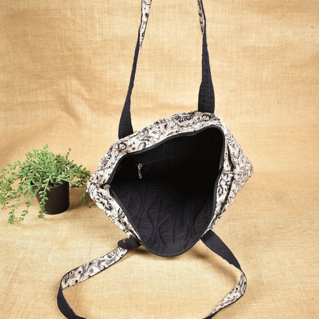 Black kalamkari quilted flat bag - inside