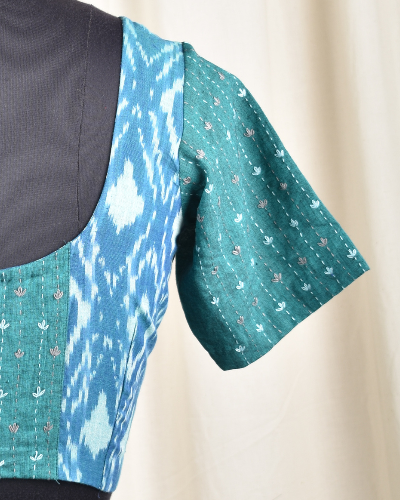 Green and teal blue ikat embroidered blouse