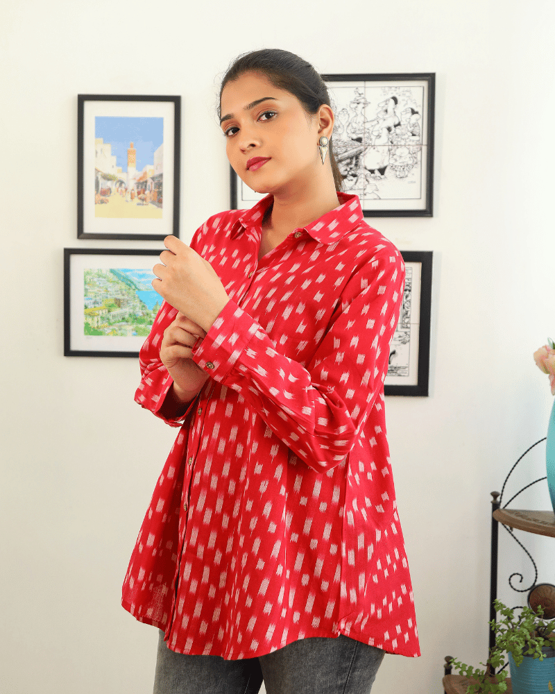 Stylish Women’s Red Ikat Cotton Shirt - side