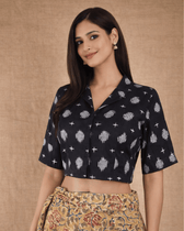 Black Ikat Cotton Blouse with Collared Neck - Front
