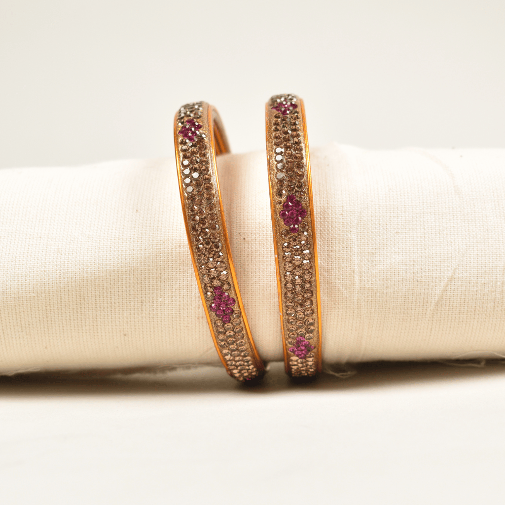 Pair of golden 3 line stoned lac bangles - Traditional
