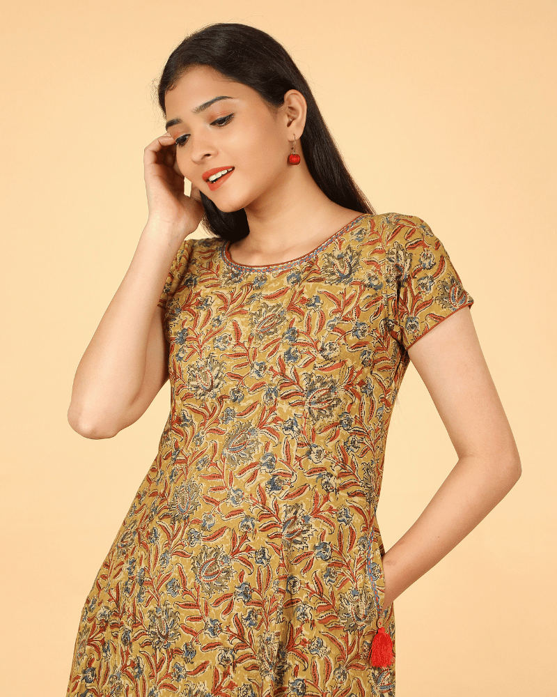 Yellow Floral kalamkari Dress with a Boat neck and Sleeve