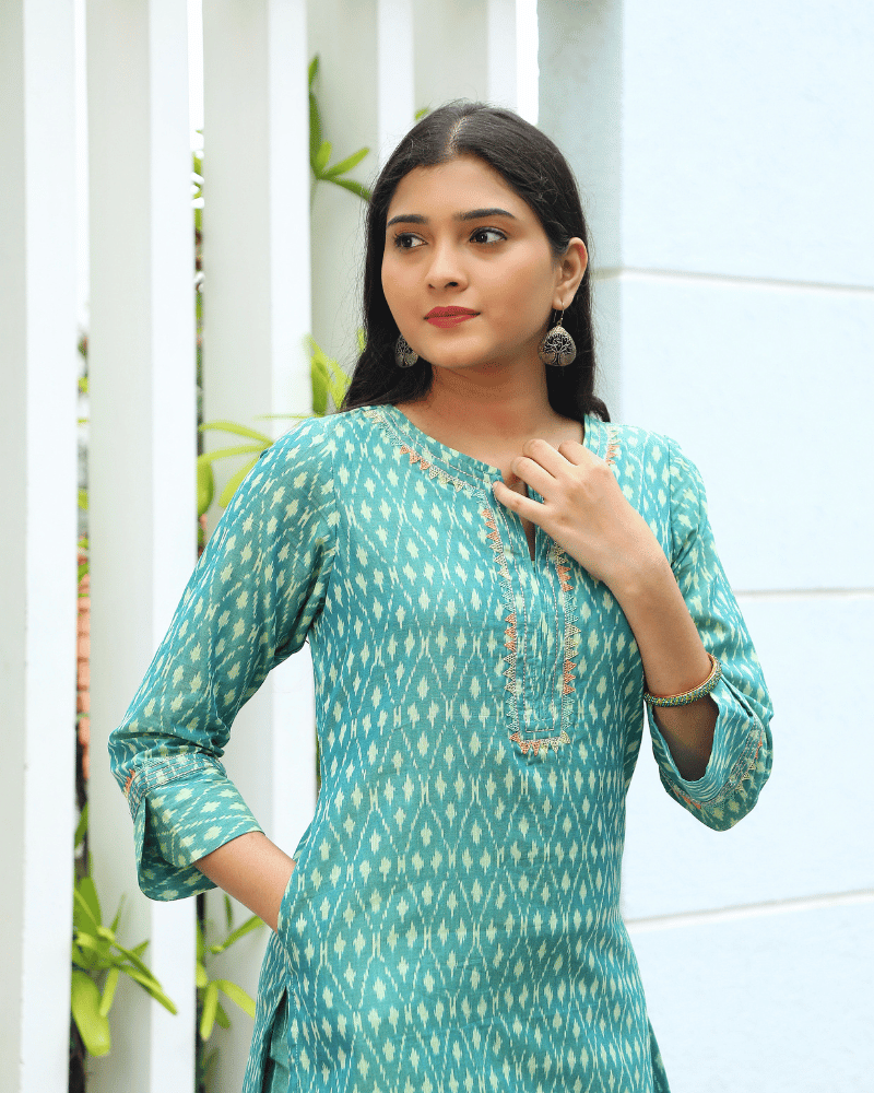Teal Straight Fit Mercerized Ikat Printed Kurta - pocket