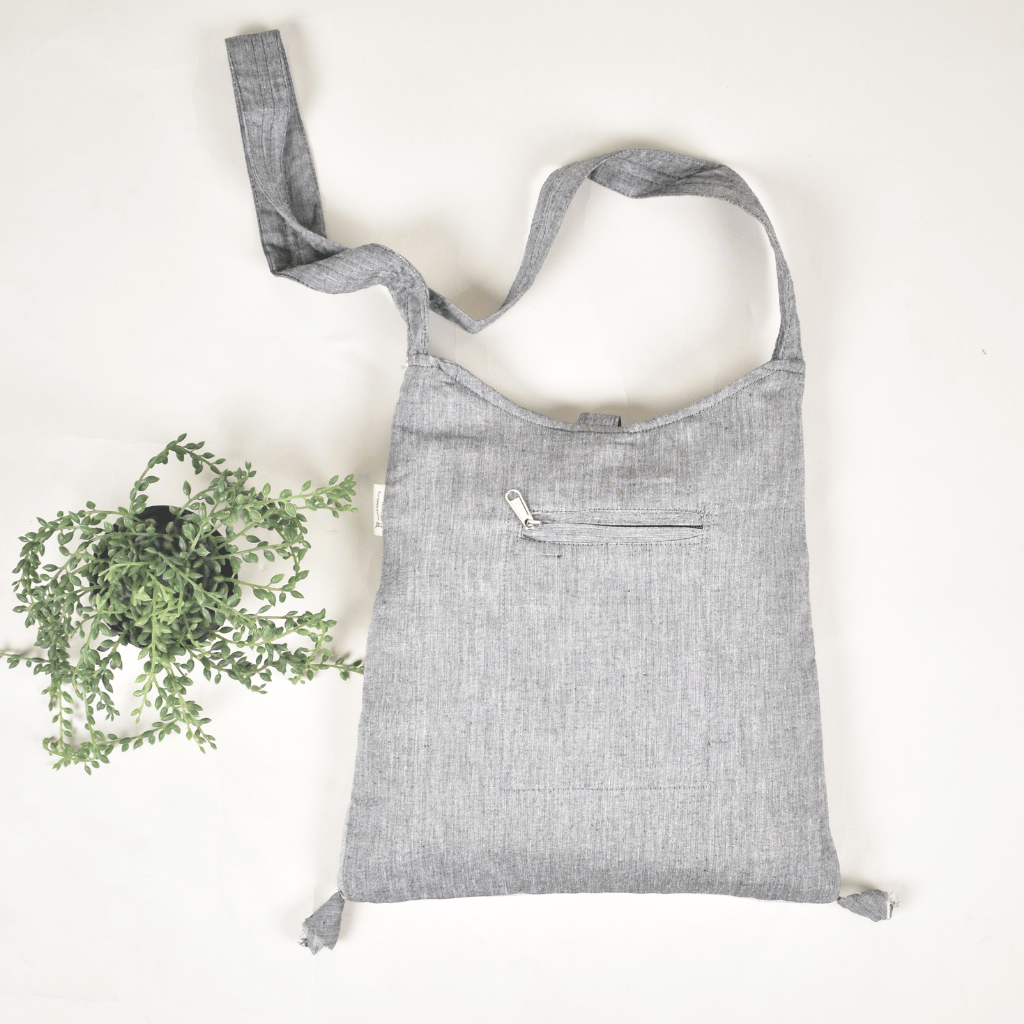 Grey Ikat sling bag with hand embroidery - pockets