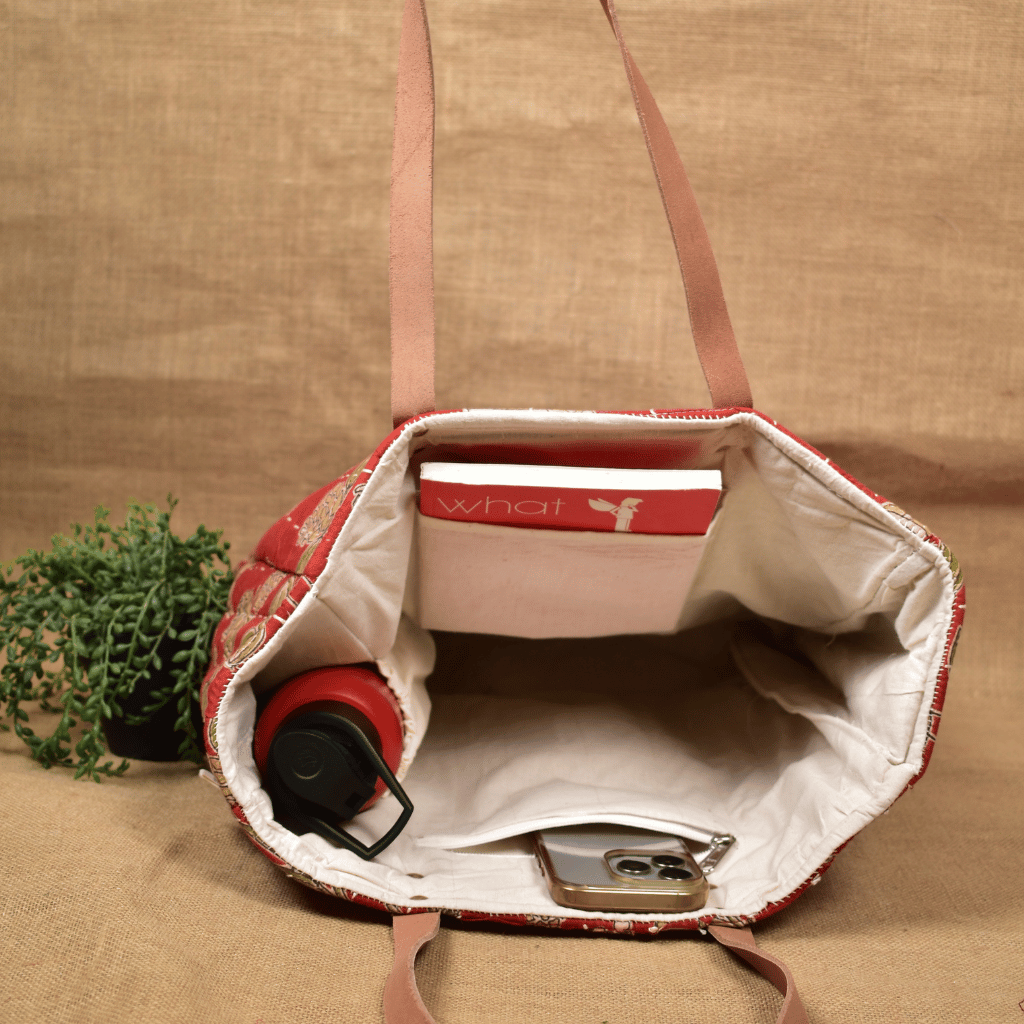 Red Tapti Hand Quilted Large Tote Bag - inside