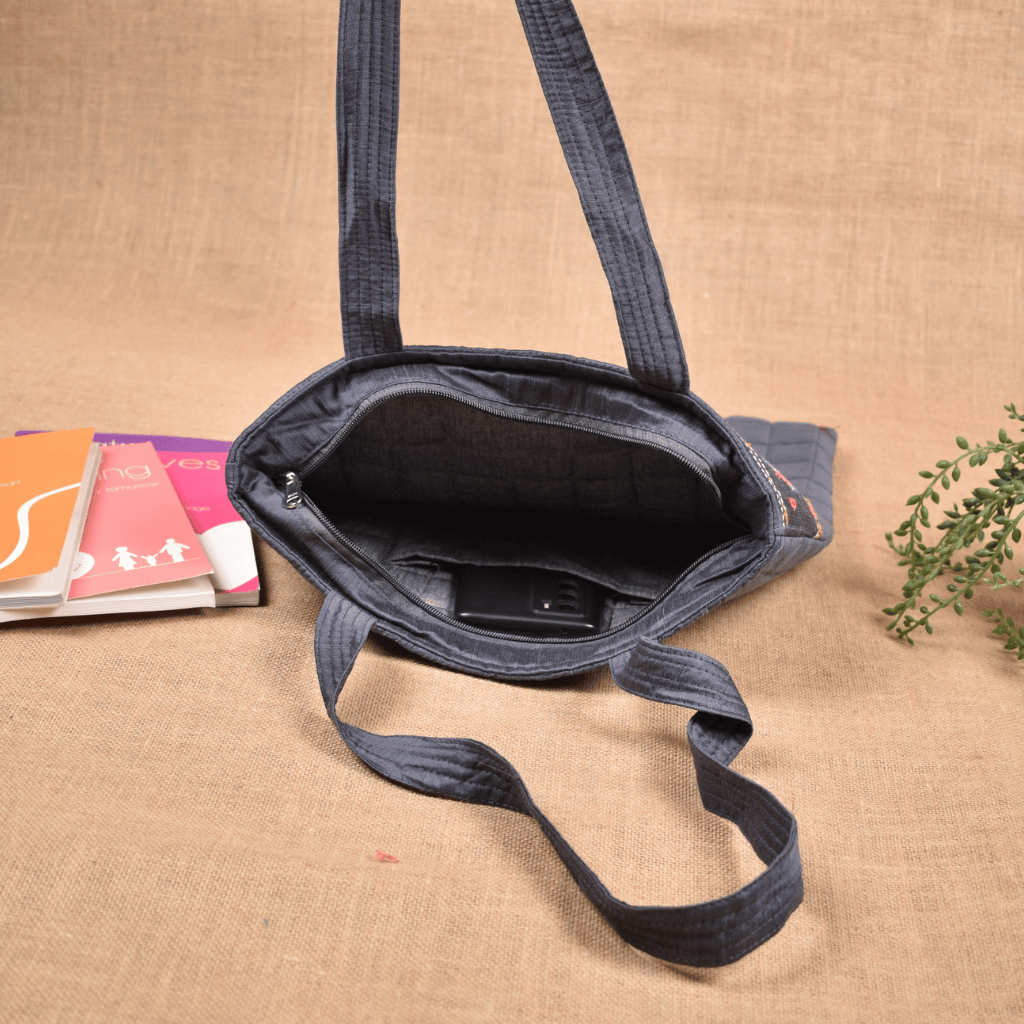 Grey silk embroidered tote bag - inside