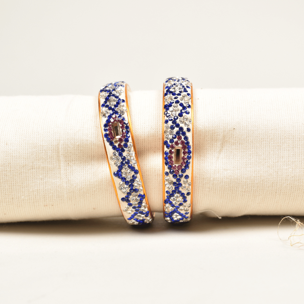 Pair of blue & white 5 line stoned lac bangles - mirror