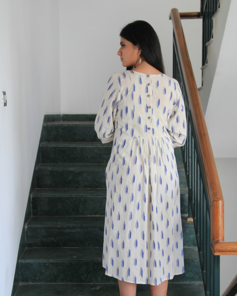 White ikat dress with embroidered yoke back view