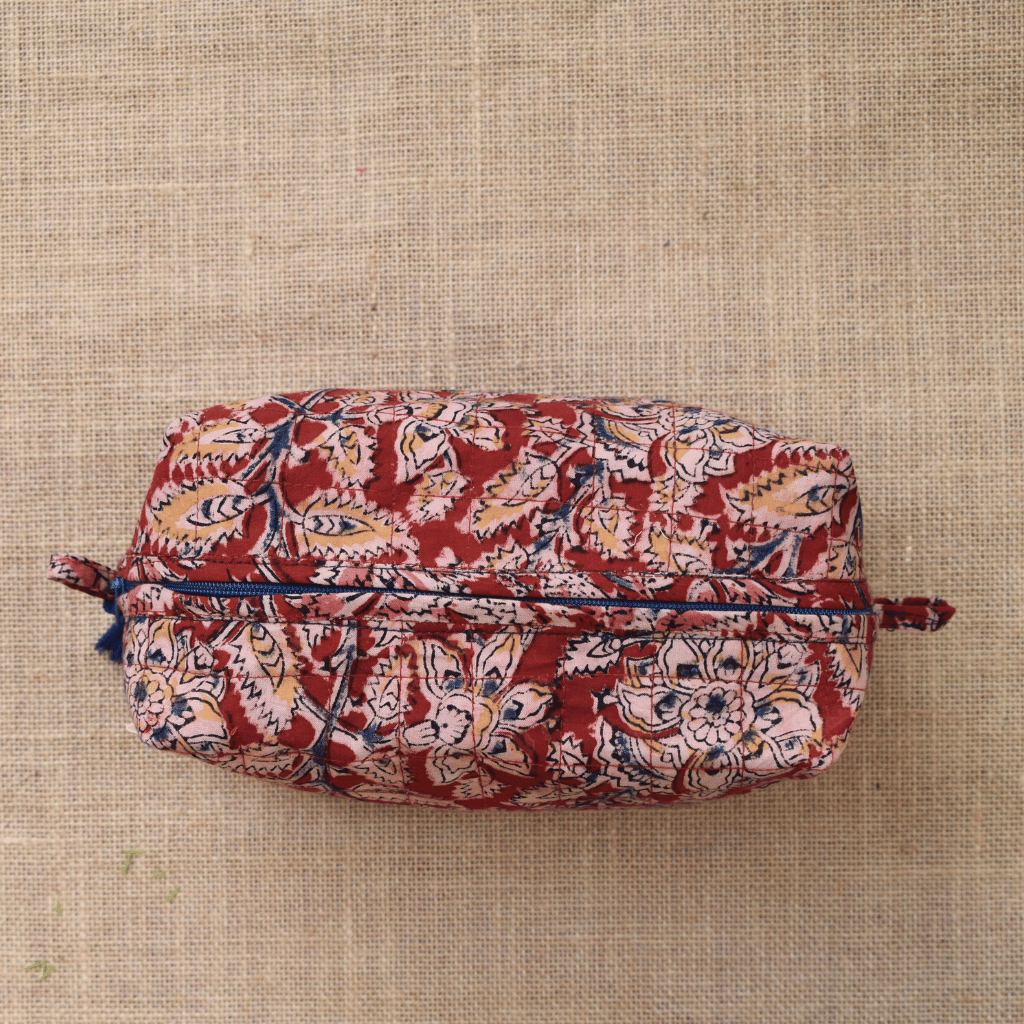 Red kalamkari travel cosmetic bag - zip
