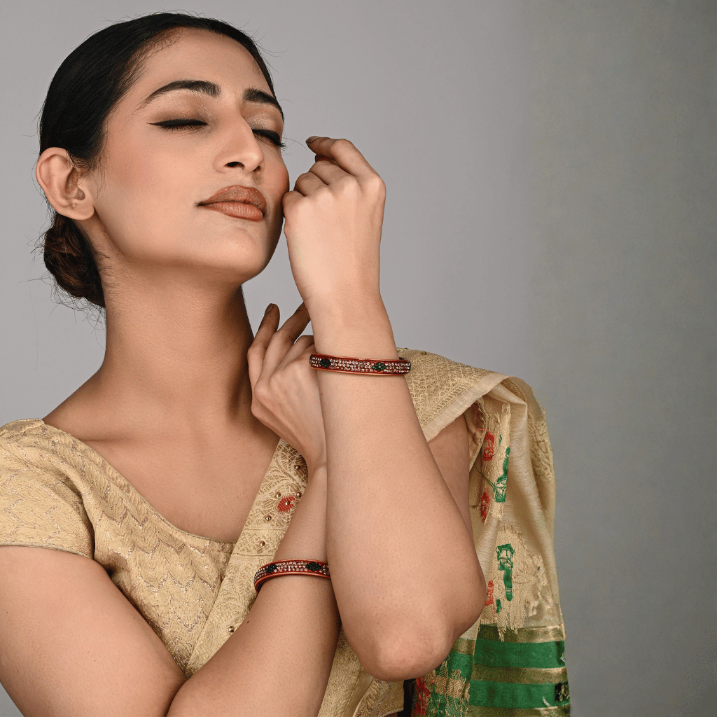 Pair of Hyderabadi Lac Bangles in Pink and Green Tones - Hyderabad