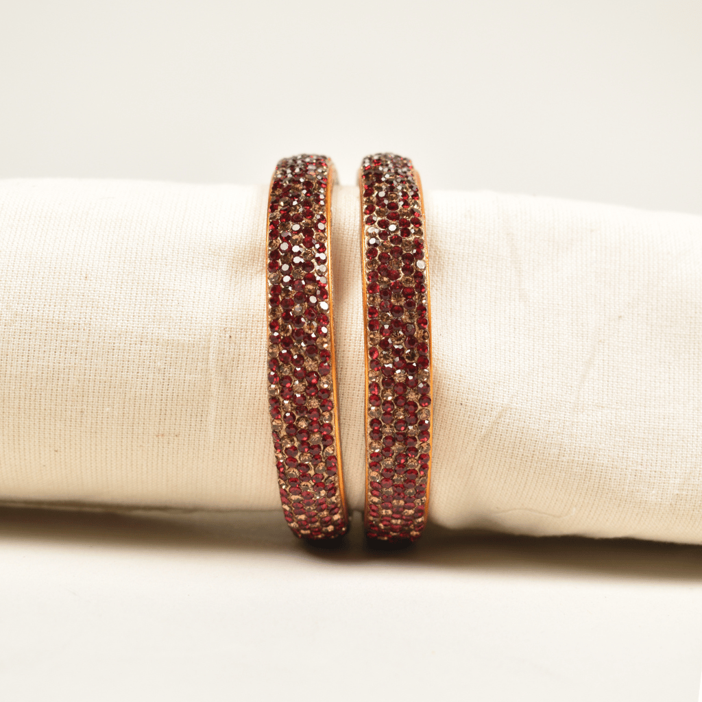 Pair of gold & maroon 5 line stoned lac bangles - traditional