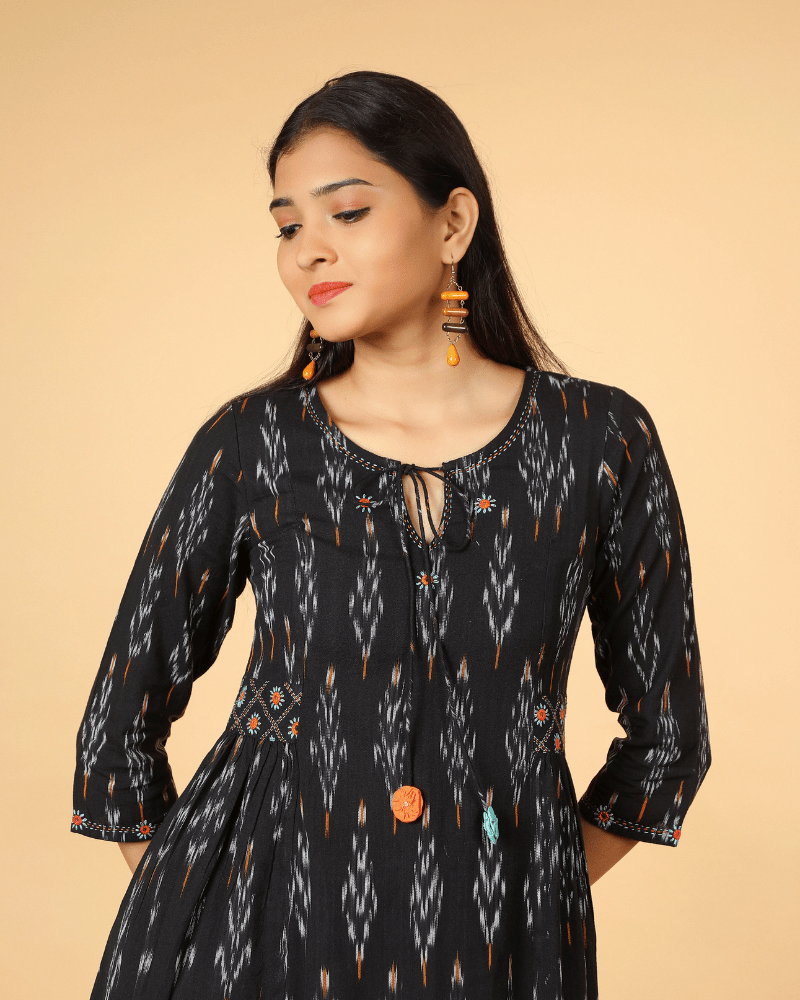 A Line Kurta in Black Ikat Cotton - tassel