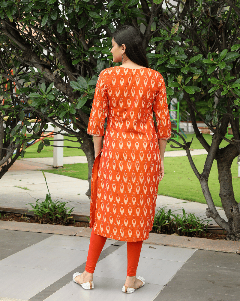Hand Embroidery Orange ikat silk kurta - back
