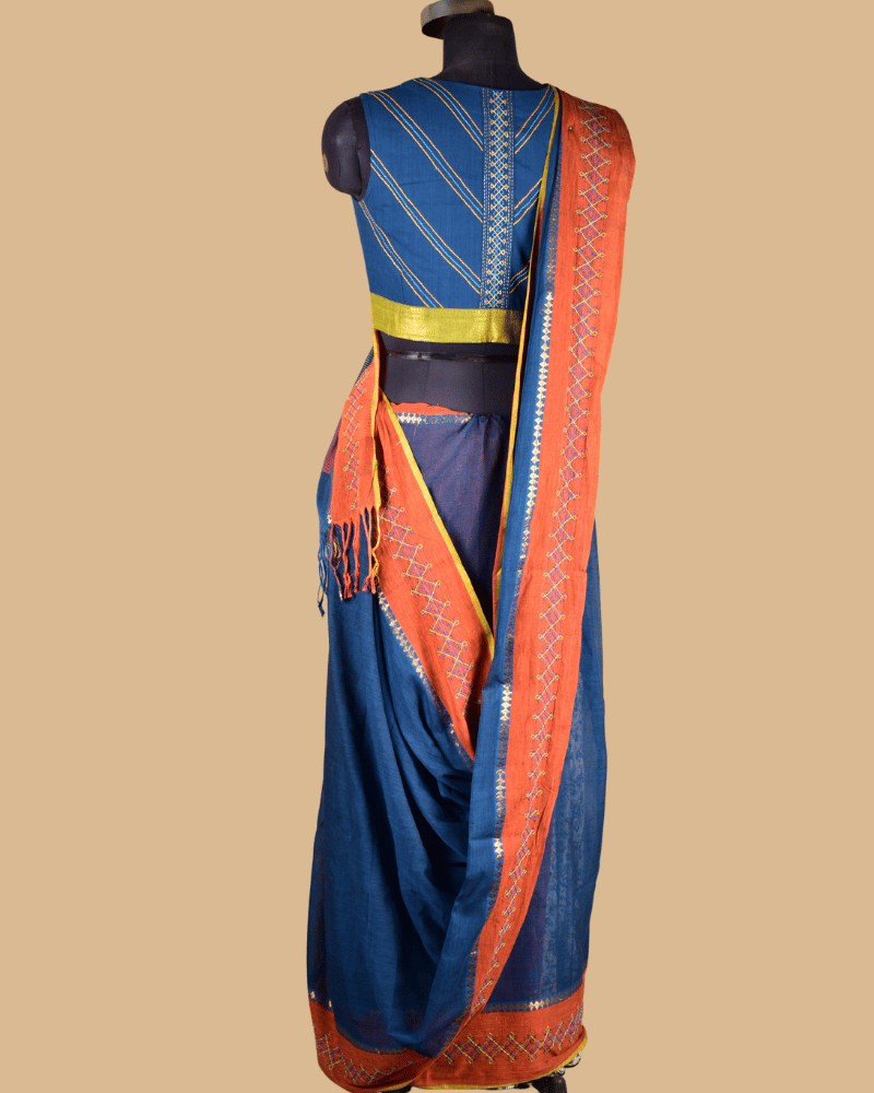 Blue Cotton Saree with Hand Embroidery