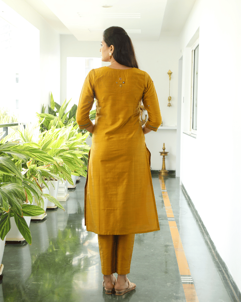 Mustard Yellow Silk Yoke Embroidery Kurta - back