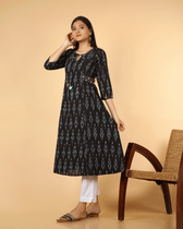 A Line Kurta in Black Ikat Cotton - front
