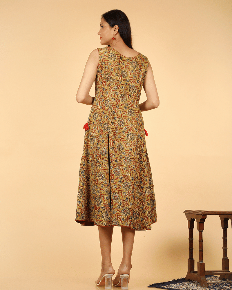 Yellow Floral kalamkari Dress with a Boat neck - back