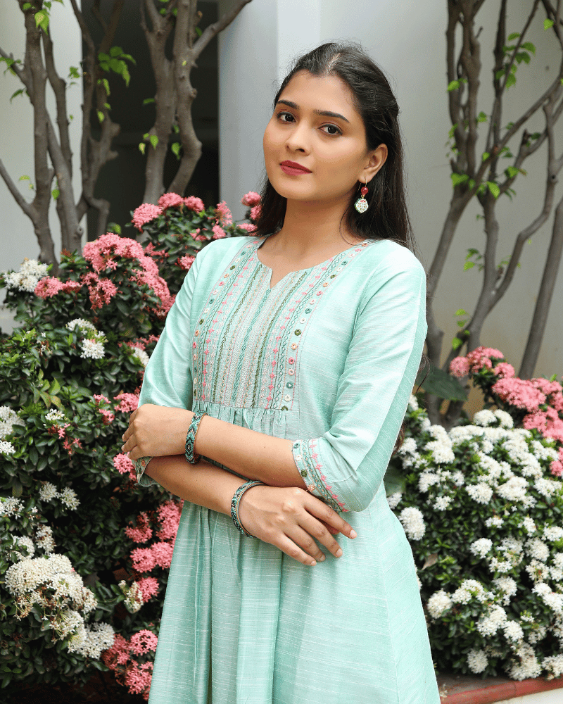 Mint Green Festive Silk Kurta with Frill Embroidery - side