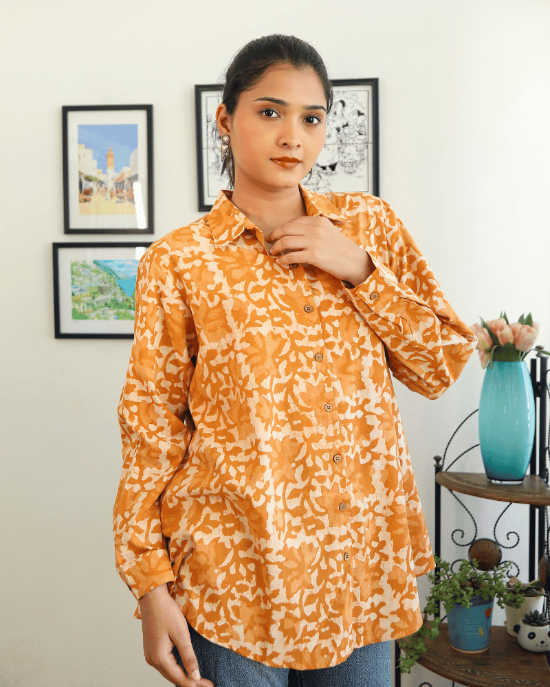 Stylish Women’s Yellow Kalamkari Cotton Shirt - side